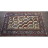 Kelim type carpet, triple gull border, central panel of geometric designs, beige, red and pale