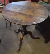 19th century oak circular pedestal table, tapering column and tripod base, 77cm diam