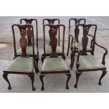 Set of six early 20th century mahogany Queen Anne style dining chairs, comprising two carvers and