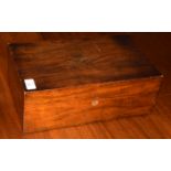 Victorian walnut writing box, parquetry inlaid name plate, partially fitted interior (escutcheon
