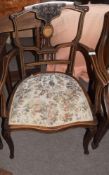 Edwardian inlaid armchair, serpentined apron and swept and curved front supports