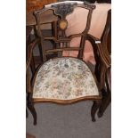 Edwardian inlaid armchair, serpentined apron and swept and curved front supports