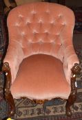 19th century mahogany armchair upholstered in pink button back