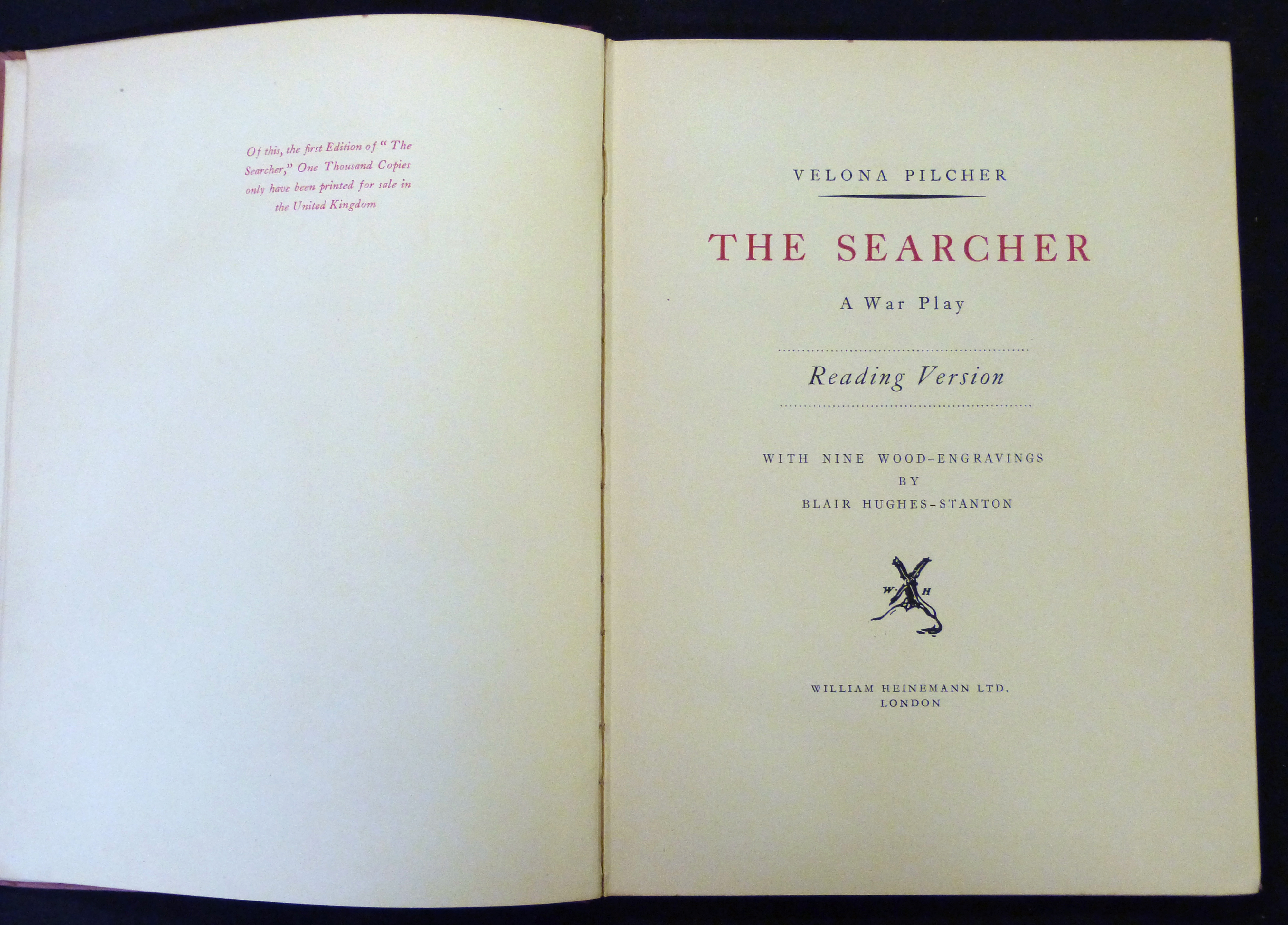 VELONA PILCHER: THE SEARCHER, A WAR PLAY, ill Blair Hughes-Stanton, London, William Heinemann, 1929,