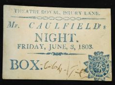 Theatre Royal Drury Lane box ticket for Mr Caulfield's night, Friday June 3, 1803