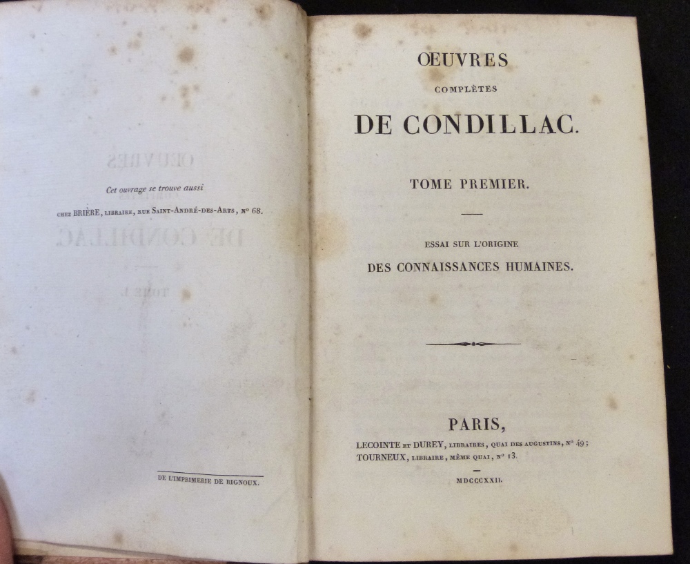 ETIENNE BONNOT DE CONDILLAC: OEUVRES COMPLETES, Paris, Lecointe et Durey, 1822, 16 vols, - Image 4 of 4