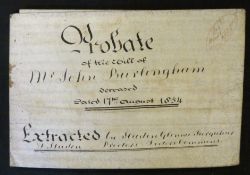 Vellum document, Probate of the Will of Mr John Burlingham, an upholsterer of Sheerness, Kent, dated