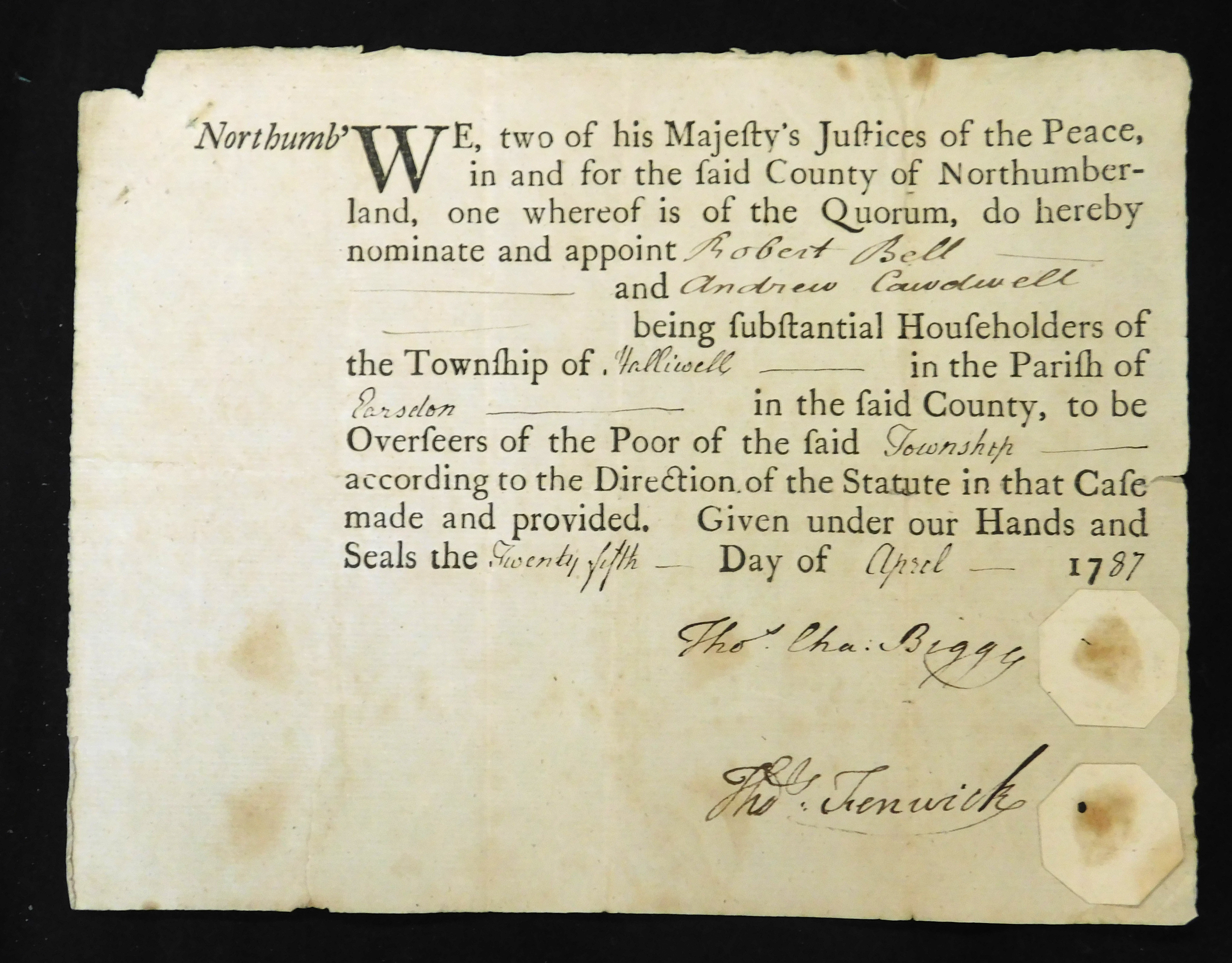 Printed and manuscript appointment of Overseers of the Poor Holliwell [near Whitley Bay] 1787, - Image 2 of 2