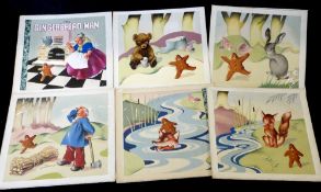 ANON: THE GINGER BREAD MAN, 6 items of original watercolour artwork on card, probably 1940s,