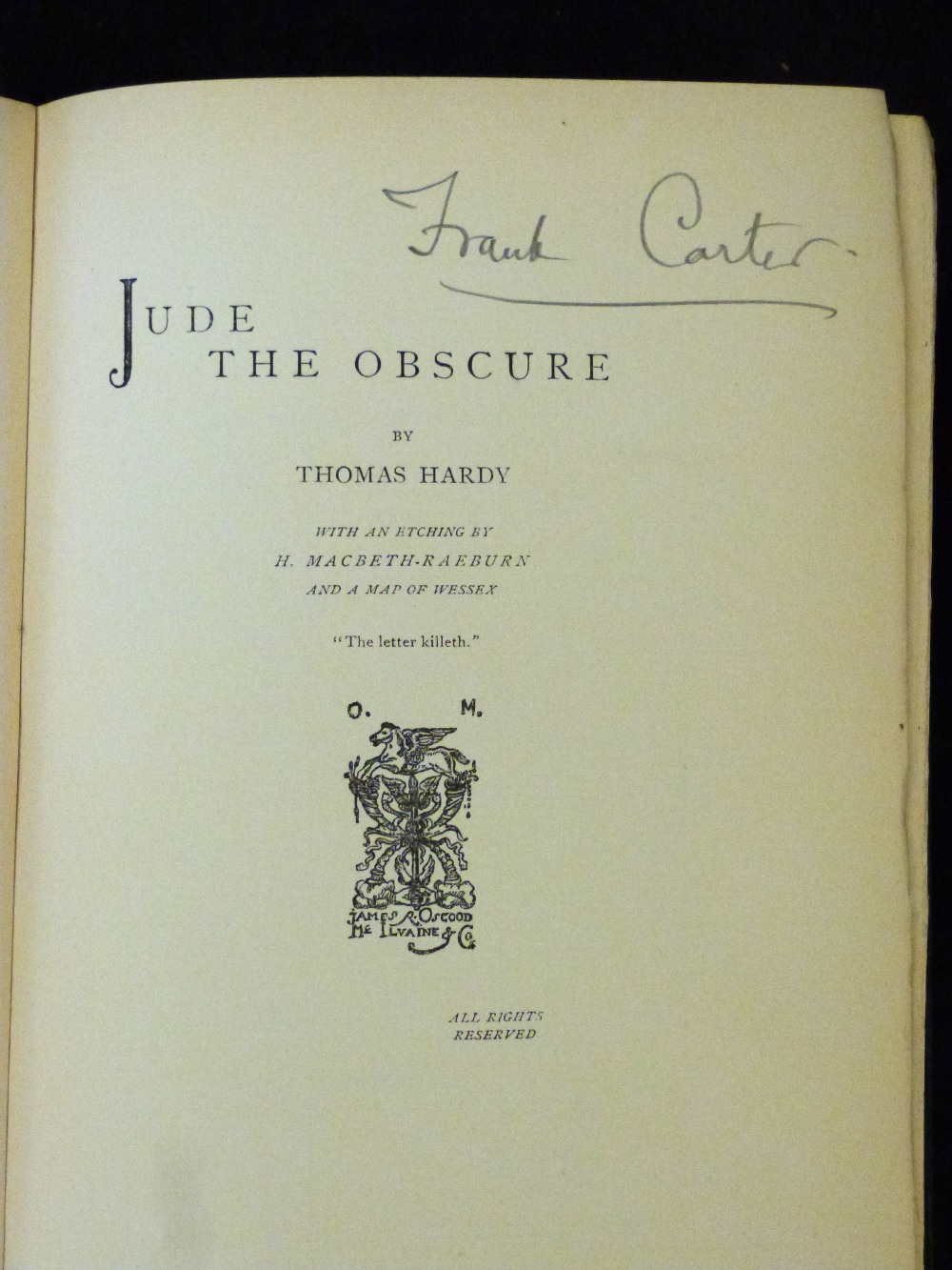 THOMAS HARDY: JUDE THE OBSCURE, London, Osgood, McIlvaine, 1896, 1st edition, mixed state, etched