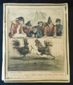 Hand coloured French litho print circa 1839, French Marine officers watching cock-fighting to