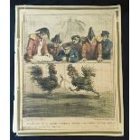 Hand coloured French litho print circa 1839, French Marine officers watching cock-fighting to