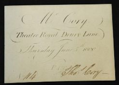 Theatre Royal Drury Lane specially printed admission card in the name of Thomas Cory for Saturday