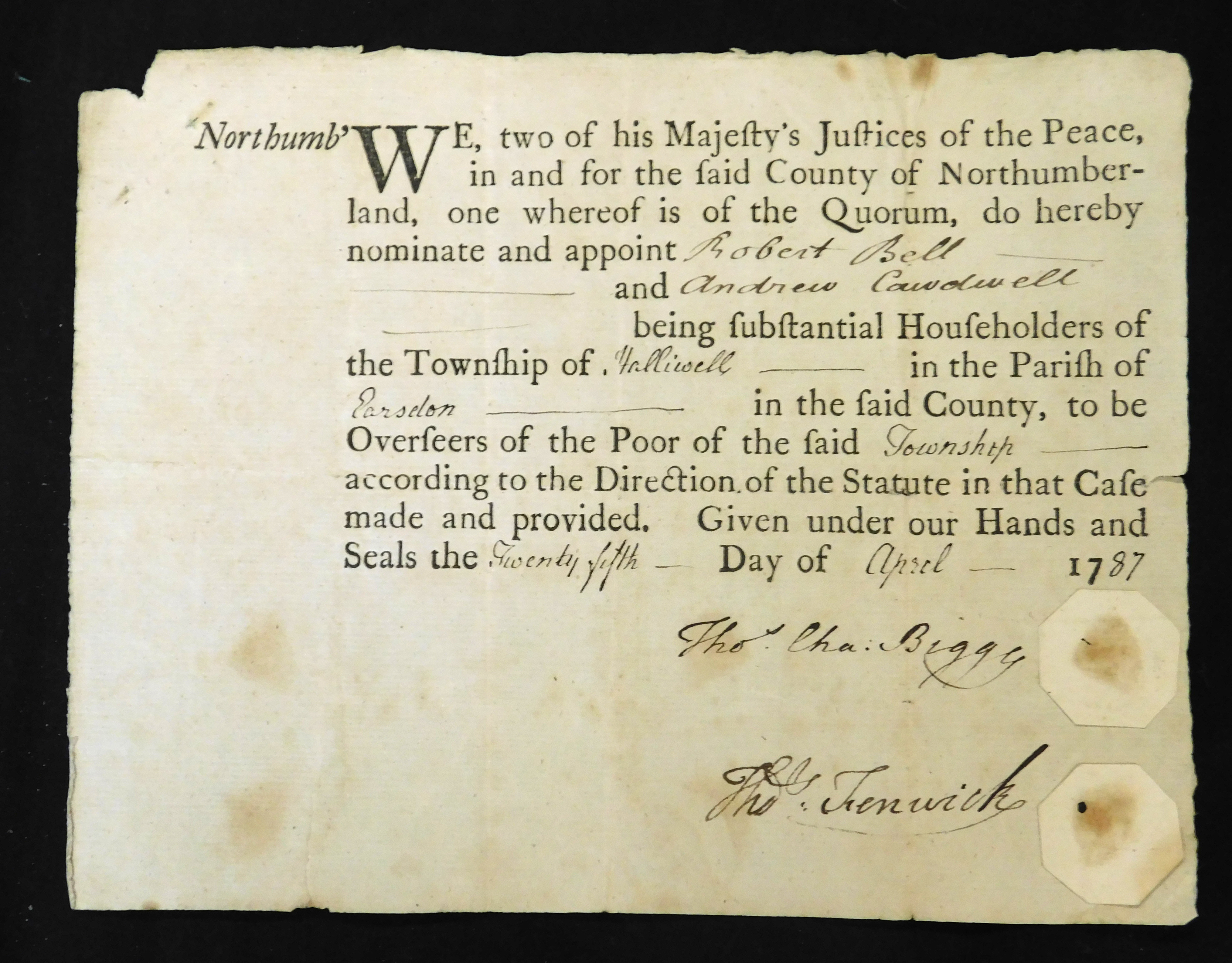 Printed and manuscript appointment of Overseers of the Poor Holliwell [near Whitley Bay] 1787,