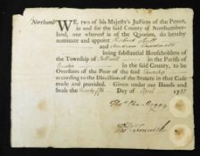 Printed and manuscript appointment of Overseers of the Poor Holliwell [near Whitley Bay] 1787,