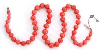 Antique coral bead necklace, a single row of graduated drum shaped beads, knotted between to a