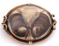 Victorian mourning brooch, the oval shaped glazed panel with triple lock of hair design in a plain