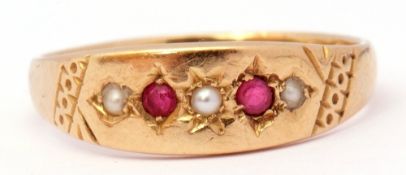 Late Victorian 18ct gold ruby and seed pearl ring, alternate set with 2 round rubies and 3 small