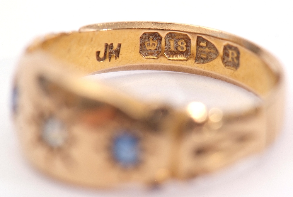 Early 20th century 18ct gold diamond and sapphire ring, the central small old cut diamond between - Image 6 of 8