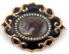 Victorian mourning brooch, the glaze centre with lock of hair, small seed pearls and a gold