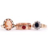 Mixed Lot: 9ct gold wide band ring set with a red stone, a 9ct stamped cameo ring, together with a