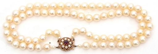 Simulated pearl necklace, a double row choker design to a 9ct gold garnet and seed pearl clasp