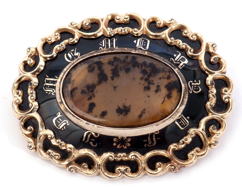 Victorian mourning brooch, the oval centre a moss agate panel on a black surround decorated with - Image 3 of 4