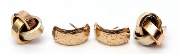 Mixed Lot: pair of 9ct gold hoop earrings with engraved design, together with a pair of yellow metal