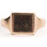 9ct gold signet ring, the square plain polished panel with engraved border to a plain polished