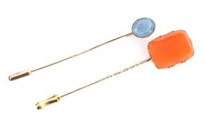 Mixed Lot: antique stick pin, the finial with a rectangular carnelian stone together with a 9ct
