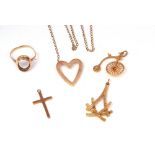 Mixed Lot: 9ct gold penny farthing charm, a 9ct textured pendant, a 9ct cross pendant, a broken open