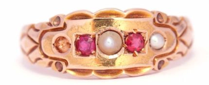 Victorian 15ct gold pearl and ruby ring, alternate set with seed pearls and round faceted rubies (