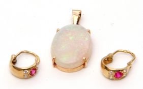 Mixed Lot: a cabochon opal pendant framed in a 14c stamped mount, together with a pair of small high