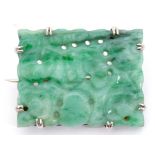 Vintage Chinese carved jade panel brooch, the rectangular shaped panel pierced and carved with a