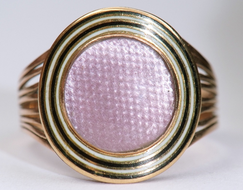 Georgian ring, the oval glazed pink silk panel framed within two bands of black and white enamel, - Image 6 of 7