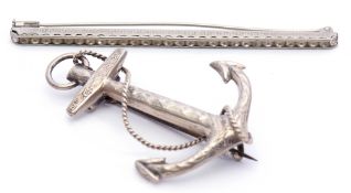 Mixed Lot: antique white metal large anchor brooch, together with an elongated paste set brooch (2)