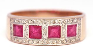 Modern 9ct gold ruby and diamond ring featuring 4 calibre cut square rubies framed throughout with