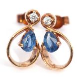 Pair of 18ct gold sapphire and diamond earrings, the open work design each with a pear shaped