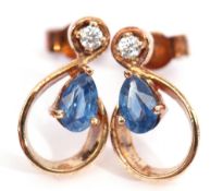 Pair of 18ct gold sapphire and diamond earrings, the open work design each with a pear shaped