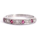 18ct white gold ruby and diamond half eternity ring, alternate set with 4 found faceted round rubies