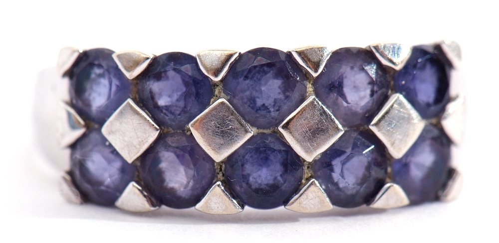 9ct white gold Iolite set ring, a chequerboard design in part rub over setting, all in a castellated - Image 10 of 11