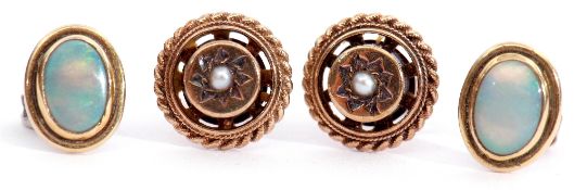 Mixed Lot: pair of 9ct gold and seed pearl circular earrings, with rope twist borders, post