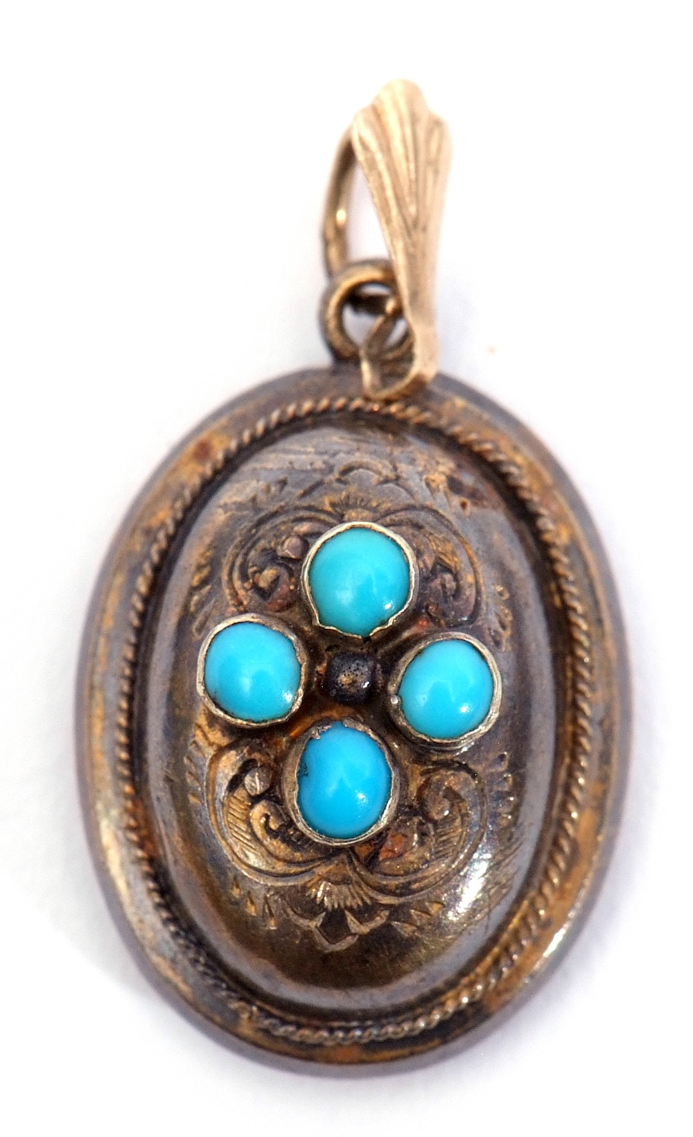 Antique small gilt metal oval locket, the centre applied with 4 collet set small turquoises, the - Image 4 of 4