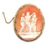 Victorian large carved shell cameo brooch of oval form, depicting the Three Graces standing on a
