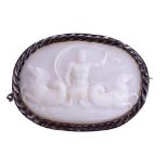 Antique carved white cameo of oval form depicting Neptune flanked by two hippocampi in a white metal