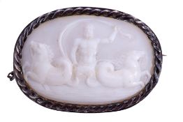 Antique carved white cameo of oval form depicting Neptune flanked by two hippocampi in a white metal