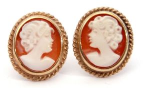 Pair of 9ct gold cameo earrings depicting a profile of a classical lady in oval gold mounts with
