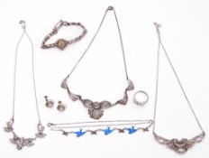 Mixed Lot: a vintage marcasite and blue enamel bird decorated necklace, stamped silver, two