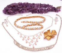 Mixed Lot: amethyst polished shard bead necklace, crystal and gilt metal necklace, a Danish gilt