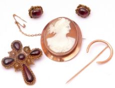 Mixed Lot: carved shell cameo depicting a classical lady in a 9ct stamped frame, a yellow metal